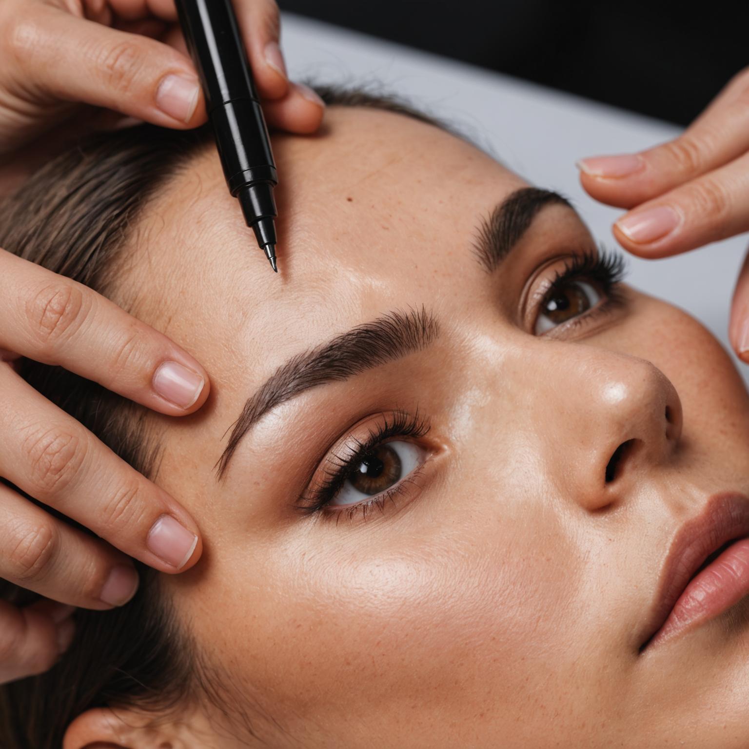 Powder brow cosmetic tattoo procedure in progress